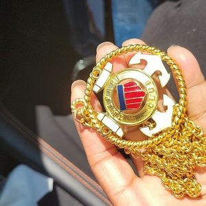 Vintage Goldtone RARE TRIFARI tm Enamel Nautical CLUB Medallion Pendant Necklace